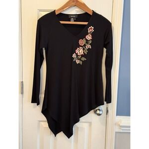 karen kane S floral embroidered Long Sleeve Tunic Top Feminine Spring Black Red